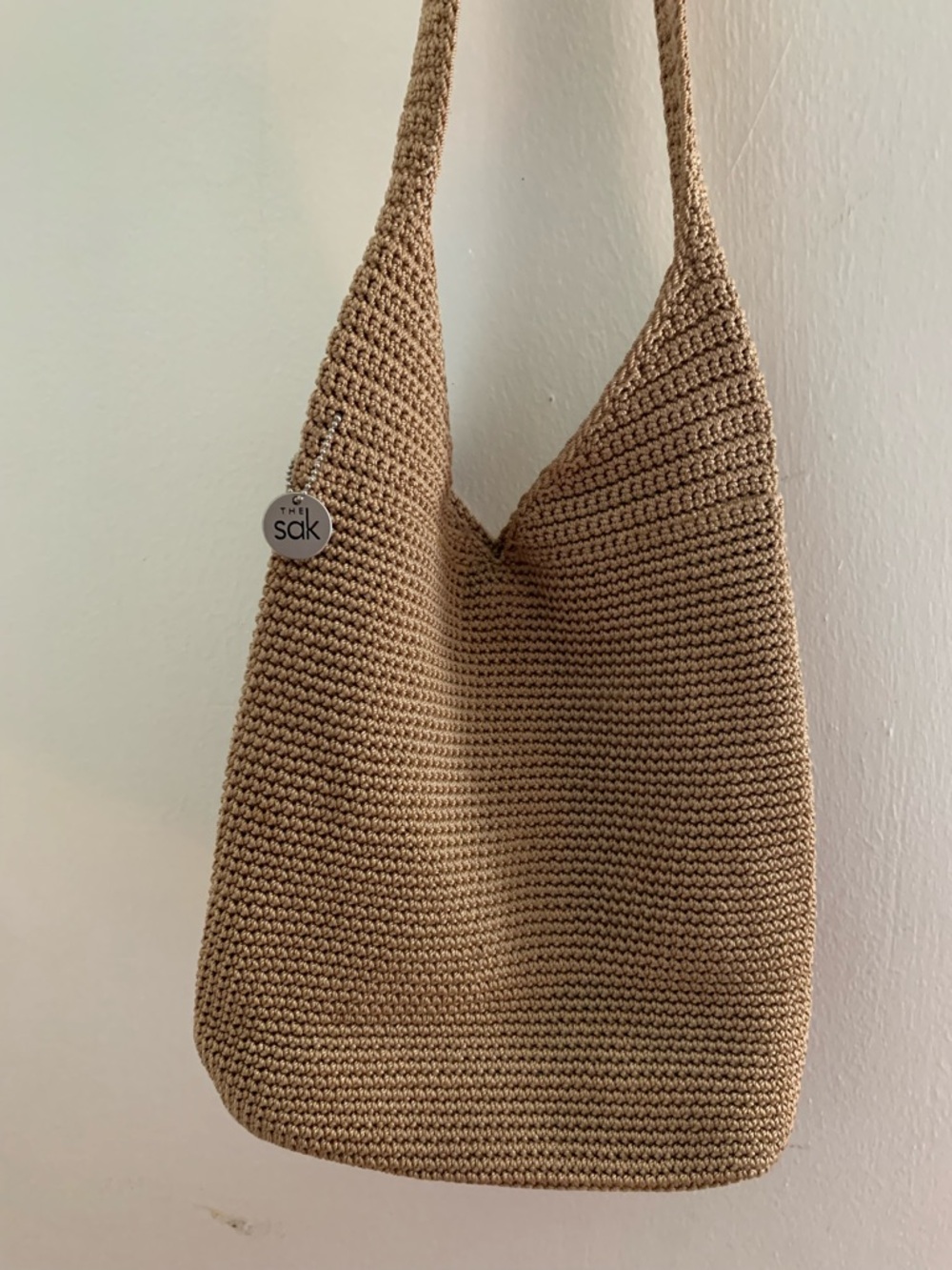 Neutral Tan Crochet Shoulder Bag - Casual Everyday Tote - Picture 4 of 7